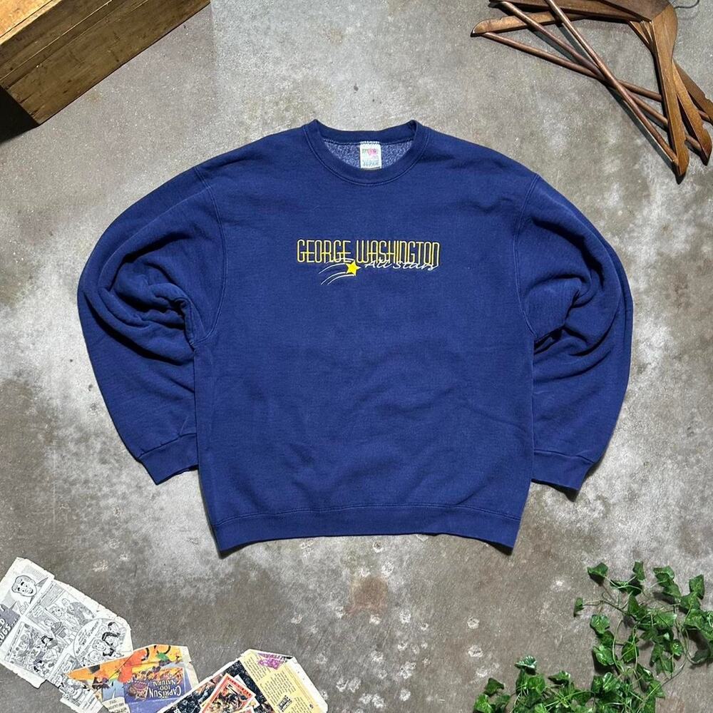 Vintage 90 George Washington Crewneck Mens Large Faded Navy Blue Sweatshirt